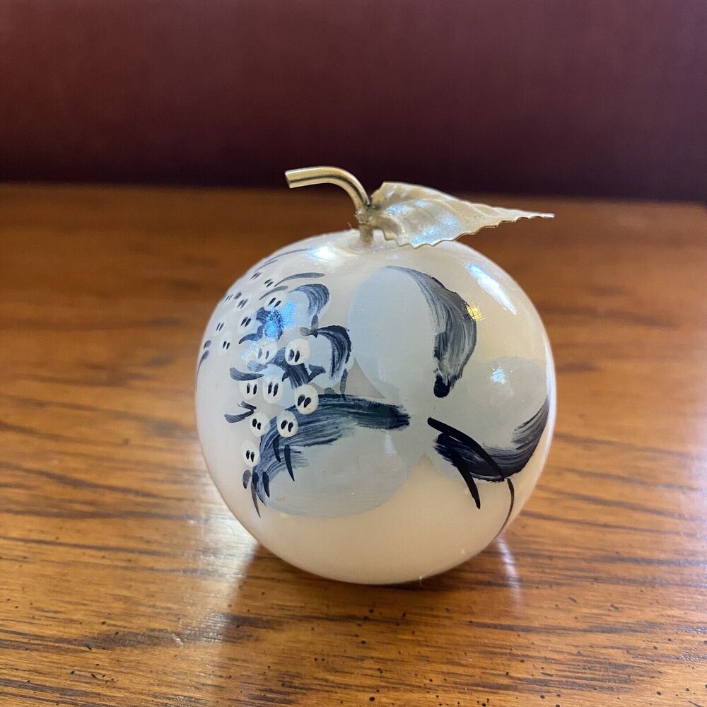 Vintage RB Genuine Alabaster Italy Handpainted Blue Floral Apple Paperweight